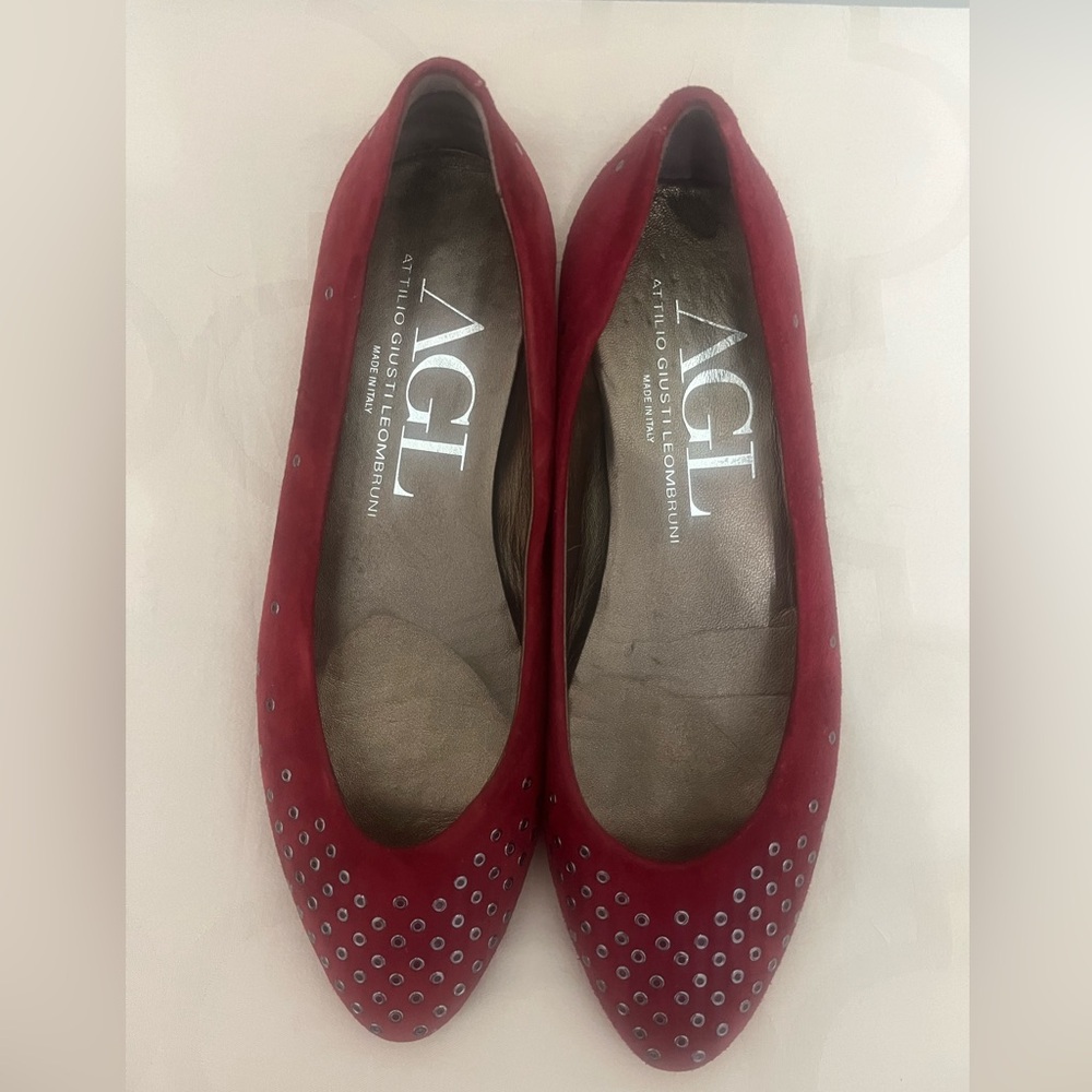 AGL Dark Red Studded Grommet Suede Ballet Flats Women's Shoes EU 37.5 N532084